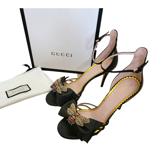 Gucci Bee Queen Margaret High Heels Sandals Bow Black Leather 8 38 New - Picture 1 of 12